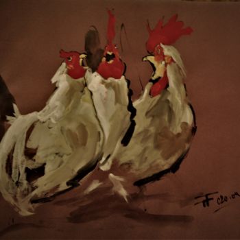 Drawing titled "Etude  3 coqs" by Thierry Faure, Original Artwork, Gouache