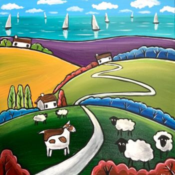 Painting titled "happy colourful hil…" by Aisha Haider, Original Artwork, Acrylic