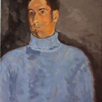 Peinture intitulée "Pierre au Pull bleu" par Chéker, Œuvre d'art originale, Huile Monté sur Châssis en bois