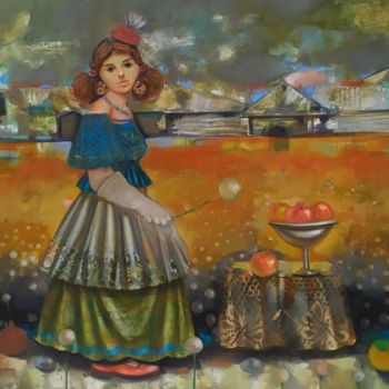 Painting titled "Girl with Dandelion…" by Seyran Mejanyan, Original Artwork, Oil Mounted on Wood Stretcher frame