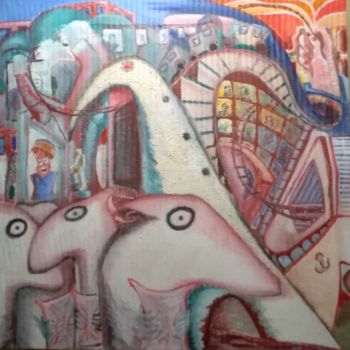 Painting titled "Le peuple des rats" by François Devreux, Original Artwork, Oil Mounted on Wood Stretcher frame