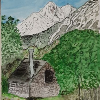 Painting titled "Abri en pierres au…" by Catdicop, Original Artwork, Watercolor