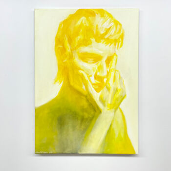 「Yellow white and bl…」というタイトルの絵画 Irjan Moussinによって, オリジナルのアートワーク, オイル ウッドストレッチャーフレームにマウント