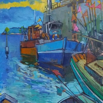 Painting titled "Les Canots Côtiers" by Michel Corbel, Original Artwork, Oil