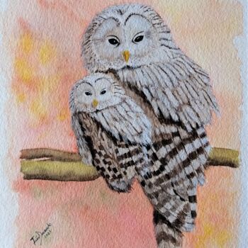 Painting titled "Mãe e Filho Corujas" by Inês Dourado, Original Artwork, Watercolor