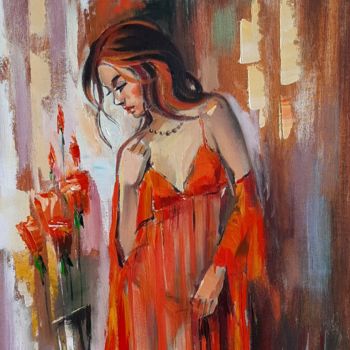 Schilderij getiteld "Red dress (40x50cm,…" door Narek Jaghacpanyan, Origineel Kunstwerk, Olie Gemonteerd op Frame voor houte…