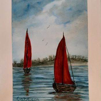 Painting titled "Voiliers rouges 001" by Catdicop, Original Artwork, Watercolor