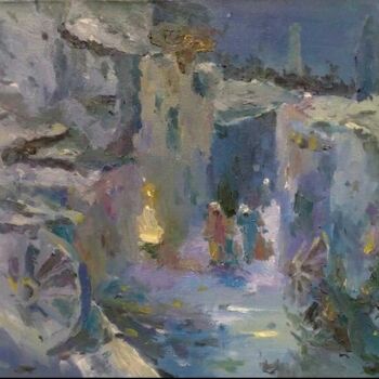 Painting titled "Старый город на ночь" by Dilshod Khudayorov, Original Artwork, Oil Mounted on Wood Stretcher frame