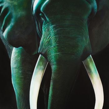Painting titled "L éléphant  vert" by Emmanuel Diot, Original Artwork, Acrylic Mounted on Metal
