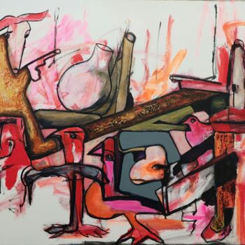 Painting titled "flamingo désire" by Catali, Original Artwork, Oil Mounted on Wood Stretcher frame