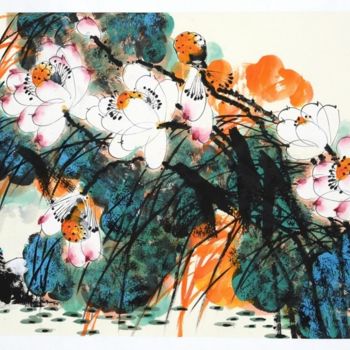「Lotus pond and clea…」というタイトルの絵画 Dayou Luによって, オリジナルのアートワーク, 顔料