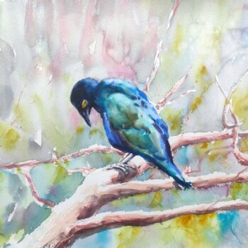 Schilderij getiteld "PURPLE GLOSSY STARL…" door Ibolya Taligas, Origineel Kunstwerk, Aquarel