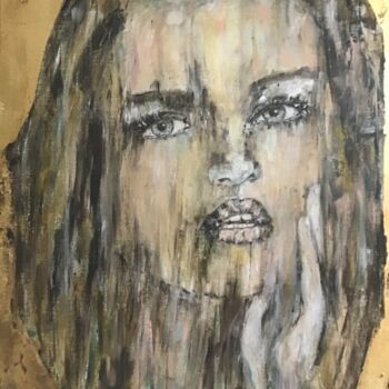 Painting titled "La fille aux yeux g…" by Electre, Original Artwork, Oil Mounted on Wood Stretcher frame