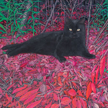 Painting titled "Black cat on a carp…" by Natalie Levkovska, Original Artwork, Oil Mounted on Wood Stretcher frame