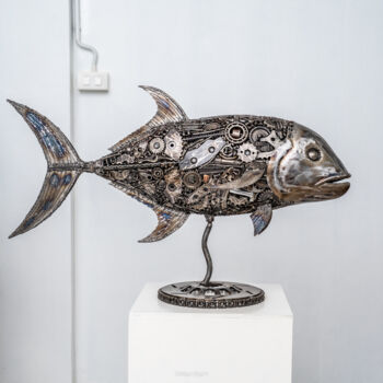 Sculpture titled "Jack fish metal scu…" by Chatree Choorachatatorn (Mari9art), Original Artwork, Metals