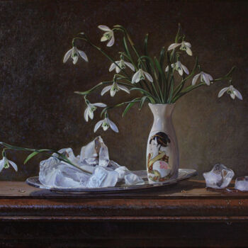 Painting titled "Schneeglockchen" by Tschumakov Sergey, Original Artwork, Oil Mounted on Wood Stretcher frame