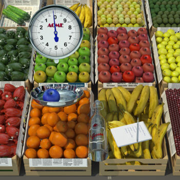 Arte digital titulada "FRUTERIA" por Juan Aguirre, Obra de arte original, Modelado 3D Montado en Panel de madera