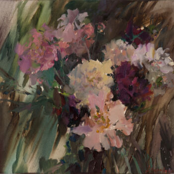 Painting titled "Windy day, peonies" by Elena Branovitskaya, Original Artwork, Oil Mounted on Wood Stretcher frame