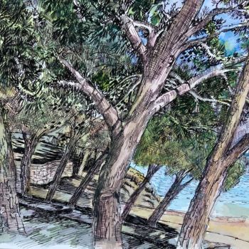 Drawing titled "Majorque,pins sur l…" by Michel Kulisa, Original Artwork, Ink