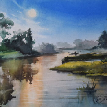 Pittura intitolato "Morning river" da Victoria Lyashenko, Opera d'arte originale, Acquarello