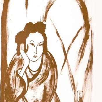 Gravures & estampes intitulée "Femme sous un banan…" par Andreja Soleil, Œuvre d'art originale, Lithographie