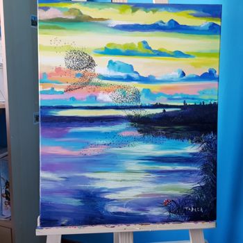 Painting titled "La danse des oiseaux" by Tahira Quliyeva, Original Artwork, Oil Mounted on Wood Stretcher frame