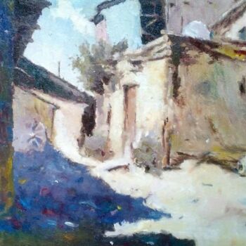 Painting titled "Old street" by Dilshod Khudayorov, Original Artwork, Oil Mounted on Wood Stretcher frame