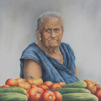 Malerei mit dem Titel "MarktTag" von Ronald Firla, Original-Kunstwerk, Conté-Buntstifte