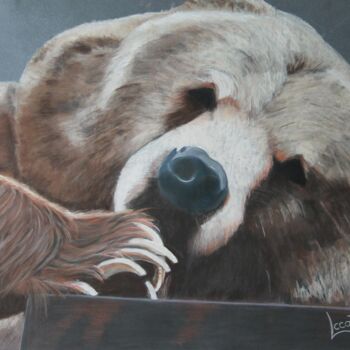 Peinture intitulée "La sieste de l'ours…" par Catherine Costet (Lccat), Œuvre d'art originale, Pastel