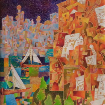 Painting titled "By the lake" by Chaitali Chatterjee, Original Artwork, Oil