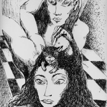 Drawing titled "Un chat dans la tête" by Patrick Jannin, Original Artwork, Ink