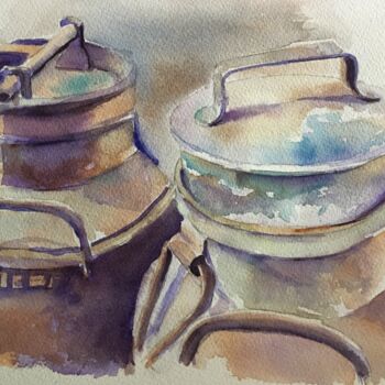 Pintura intitulada "Bidons de Lait" por Horacio Cobas, Obras de arte originais, Aquarela