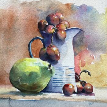 Pintura intitulada "Pears and Grapes in…" por Horacio Cobas, Obras de arte originais, Aquarela