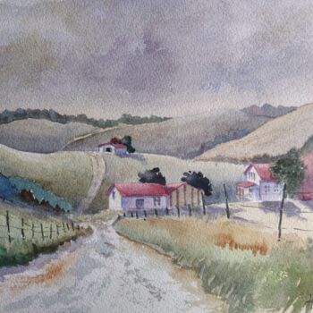 Schilderij getiteld "Rural Fields" door Horacio Cobas, Origineel Kunstwerk, Aquarel