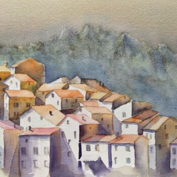 Peinture intitulée "Village Corse" par Horacio Cobas, Œuvre d'art originale, Aquarelle