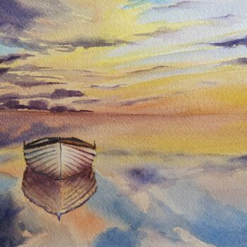 Pintura intitulada "Boat at Sunset" por Horacio Cobas, Obras de arte originais, Aquarela