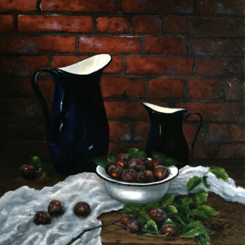Painting titled "Still life with blu…" by Oleg Baulin, Original Artwork, Oil
