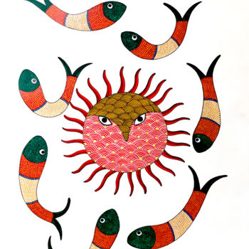Schilderij getiteld "Gond Painting5" door Rajendra Kumar Shyam, Origineel Kunstwerk, Acryl