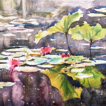 Schilderij getiteld "Waterlily pond refl…" door Ibolya Taligas, Origineel Kunstwerk, Aquarel