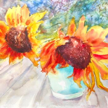 Schilderij getiteld "Sunflowers in a vase" door Ibolya Taligas, Origineel Kunstwerk, Aquarel