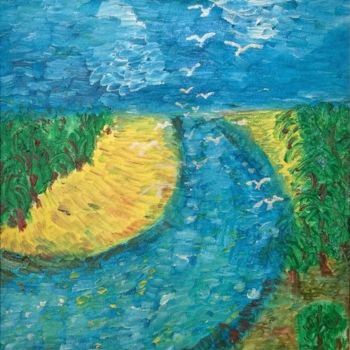Painting titled "Danube river splitt…" by Viorica Hagianu, Original Artwork, Oil Mounted on Wood Stretcher frame