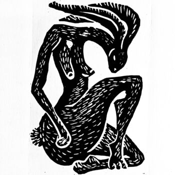 Obrazy i ryciny zatytułowany „Hare Spirit Linocut” autorstwa Nella Fauve, Oryginalna praca, Linoryty