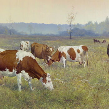 Painting titled "Коровы." by Iurii Klapoukh, Original Artwork, Oil