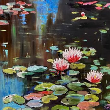 Schilderij getiteld "Water lilies" door Anna Pavlovich-Naneva, Origineel Kunstwerk, Olie Gemonteerd op Frame voor houten bra…