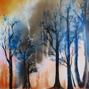 Peinture intitulée "La lisière - paysag…" par Clau Redier-Clément, Œuvre d'art originale, Encre Monté sur Châssis en bois