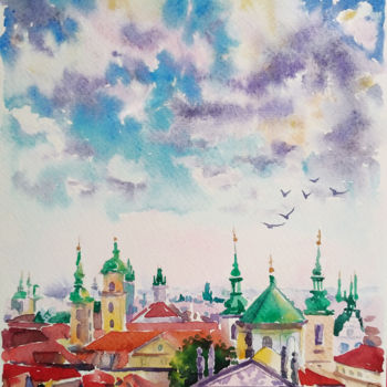 Pintura intitulada "Red roofs town" por Olga Larina, Obras de arte originais, Aquarela