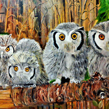 绘画 标题为“Four Snow Owls in F…” 由Clement Tsang, 原创艺术品, 油