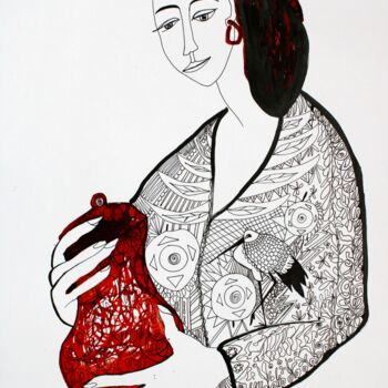 Σχέδιο με τίτλο "woman with vase" από Janna Shulrufer, Αυθεντικά έργα τέχνης, Μελάνι