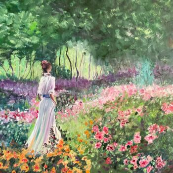 「Among the flowers」というタイトルの絵画 Anna Pavlovich-Nanevaによって, オリジナルのアートワーク, オイル ウッドストレッチャーフレームにマウント