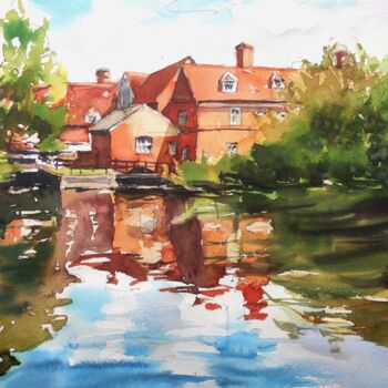 Schilderij getiteld "Flatford Mill refle…" door Ibolya Taligas, Origineel Kunstwerk, Aquarel